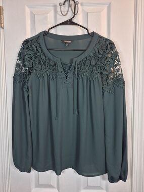 EXPRESS Dark Forest Green Crochet Lace Boho Lace-Up Blouse Top Small